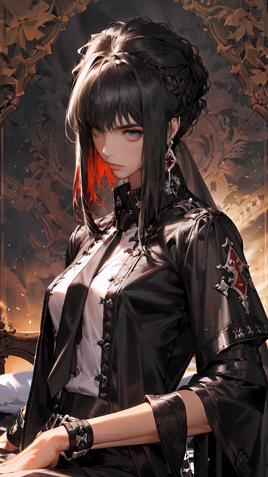 (Epic Showcase: like Arknights Character banner , Designs in Detail)(Masterpiece, Best Quality, Ultra High Resolution , Digital Art,Beautiful and Aesthetic )Perfect proportions of the body , not an ordinary perspective . .the whole body is covered by clothes. (strict posture , One Fashionable adult girl with a short oblique bob, slender figure, ) in modern men's suit in professional performance , matte black color , lovely thin white but long tie , (silk thick threads of red color connect the necklines on the sides of the whole suit) , . The character sits on a large massive sofa with lots of leather , an interesting and atmospheric pose that characterizes the character ,(Photorealistic style combined 2.5D . realistic anatomy , beautiful perspective . Best image quality , pastel color , focus on the face , Big Hair ( black with red gelding ) , well detailed eyes , detailed background in modern boudoir style . )