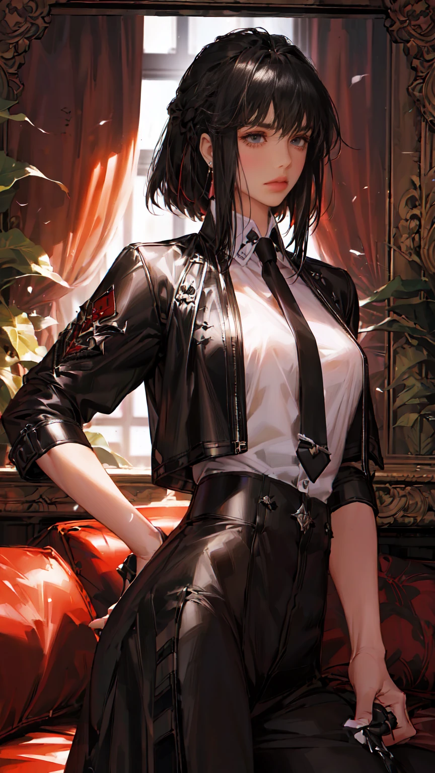 (Epic Showcase: like Arknights Character banner , Designs in Detail)(Masterpiece, Best Quality, Ultra High Resolution , Digital Art,Beautiful and Aesthetic )Perfect proportions of the body , not an ordinary perspective . .the whole body is covered by clothes. (strict posture , One Fashionable adult girl with a short oblique bob, slender figure, ) in modern men's suit in professional performance , matte black color , lovely thin white but long tie , (silk thick threads of red color connect the necklines on the sides of the whole suit) , . The character sits on a large massive sofa with lots of leather , an interesting and atmospheric pose that characterizes the character ,(Photorealistic style combined 2.5D . realistic anatomy , beautiful perspective . Best image quality , pastel color , focus on the face , Big Hair ( black with red gelding ) , well detailed eyes , detailed background in modern boudoir style . )