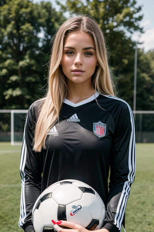 Beautiful young woman in a soccer uniform holding a soccer ball, football player, 20 year old female model, Professional sports style, Alexa Grace, athletic fashion photography, in the countryside, very pretty model, athlete photography, alexa 65, alexa65, beautiful young model, slim girl model photo, portrait of maci holloway, beautiful model, modeling photography on a soccer field 🏈