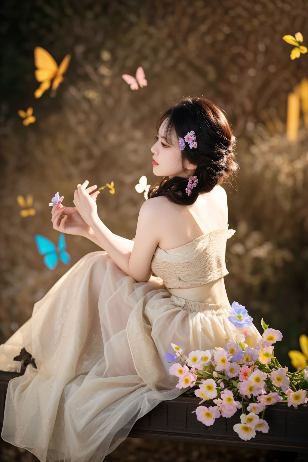 there is a woman sitting on a bench with a bunch of flowers, by Yang J, photo taken with nikon d 7 5 0, photo taken with nikon d750, by Ye Xin, by Jin Nong, ethereal beauty, fantasy photoshoot, a stunning young ethereal figure, beautiful adult fairy, by Li Song, by Leng Mei, portrait shot