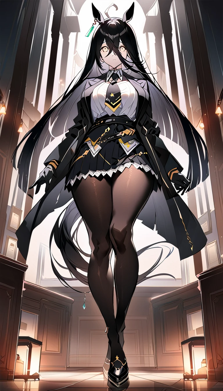 (full body),masterpiece, Highest quality, One Girl, alone, Manhattan Cafe, Expressionless, Show Viewer, Ahoge, Black jacket, shirt, tie, Black gloves, skirt, pantyhose, Single earring, Horse tail,Hair between the eyes, Thick thighs，Big Breasts，