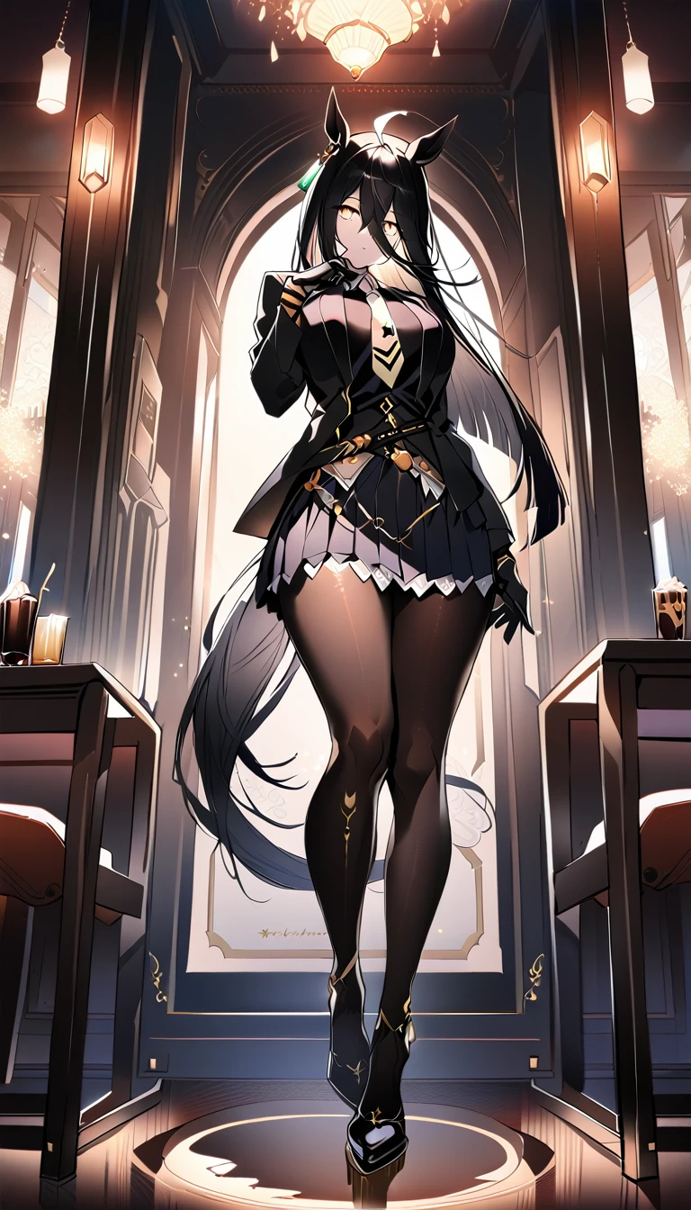 (full body),masterpiece, Highest quality, One Girl, alone, Manhattan Cafe, Expressionless, Show Viewer, Ahoge, Black jacket, shirt, tie, Black gloves, skirt, pantyhose, Single earring, Horse tail,Hair between the eyes, Thick thighs，Big Breasts，