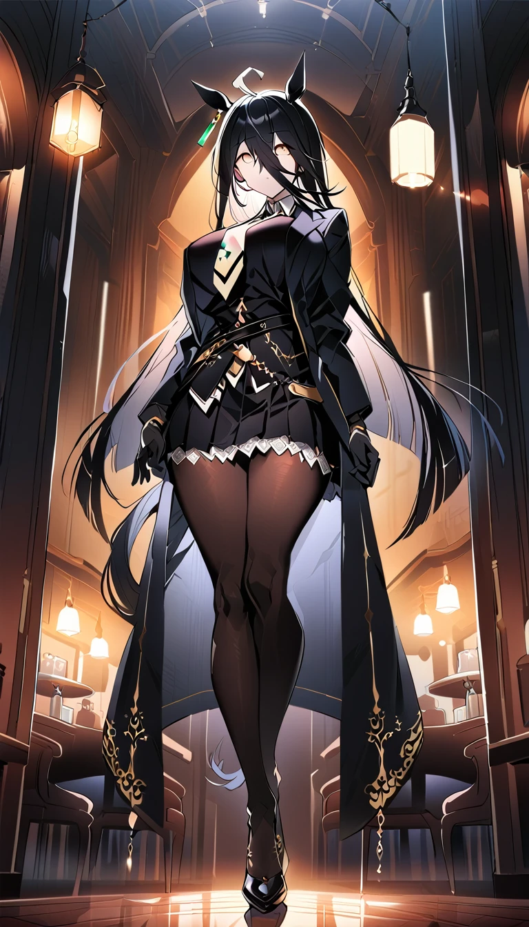 (full body),masterpiece, Highest quality, One Girl, alone, Manhattan Cafe, Expressionless, Show Viewer, Ahoge, Black jacket, shirt, tie, Black gloves, skirt, pantyhose, Single earring, Horse tail,Hair between the eyes, Thick thighs，Big Breasts，