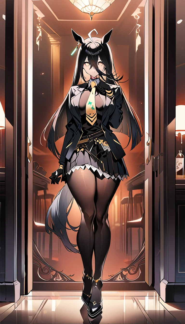 (full body),masterpiece, Highest quality, One Girl, alone, Manhattan Cafe, Expressionless, Show Viewer, Ahoge, Black jacket, shirt, tie, Black gloves, skirt, pantyhose, Single earring, Horse tail,Hair between the eyes, Thick thighs，Big Breasts，