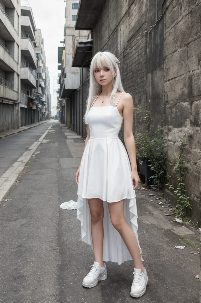 ((masterpiece, best quality)),a girl, solo, dress, standing, halo, alley, outdoors, bangs, white dress, white hair, long hair, black footwear, industrial pipe, looking at viewer, air conditioner,dark lighting, garbage, garbage bin, hxh2011 