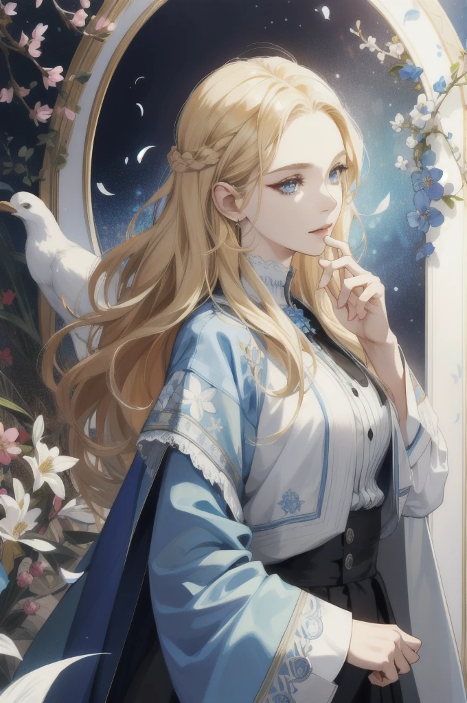 (absurdres, highres, ultra detailed), 1girl, mature female, wavy blonde hair, long hair, blue eyes, white jacket, finely detailed eyes and detailed face, extremely detailed CG unity 8k wallpaper, intricate details, BREAK , kaleidoscopic imagery, symmetrical patterns, vibrant colors, geometric shapes, mesmerizing designs, optical illusions, dynamic composition BREAK , pantomime art, expressive body language, silent storytelling, evocative gestures, visual narratives, theatrical performances BREAK , blooming flowers, colorful petals, fragrant scents, nature's bounty, vibrant gardens, peaceful scenery