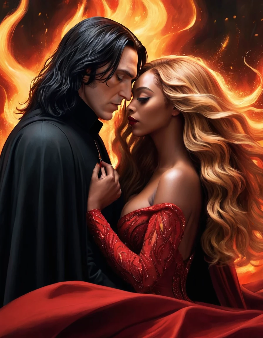 ### Scene: Create an image of two people in love in a setting of mystery and passion.
**Woman's Appearance:**
- Resembles Beyoncé
- Brown skin
- Long, golden blonde curly hair
- Confident and seductive expression
- Wearing a red dress, elegant and form-fitting
- Lips painted a deep, intense red
**Man's Appearance:**
- Resembles Severus Snape
- Pale skin
- Large nose
- Black, straight hair falling around his face in a somber manner
- Serious and intense expression
- Wearing a black cloak, contrasting with the flames around them
**Atmosphere:**
- Surrounded by flames, creating a mystical and fiery ambiance
- Soft lighting highlighting their faces, enhancing the sparkle in their eyes
- Flames adding an element of intensity and mystery to the scene
- They are close to each other, gazing intensely into each other's eyes, exuding a strong emotional connection