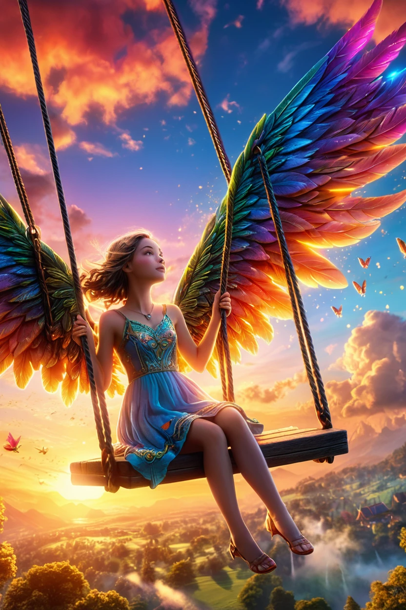 swing with beautiful detailed wings, girl on swing, aerial fantasy landscape, glowing sunset sky, vibrant colors, magical, cinematic lighting, intricate details, fairy tale, highly detailed, photorealistic, masterpiece, 8k, (best quality: 1.2), (extremely detailed: 1.4), (ultra detailed: 1.4), (photorealistic: 1.37), (masterpiece: 1.2)