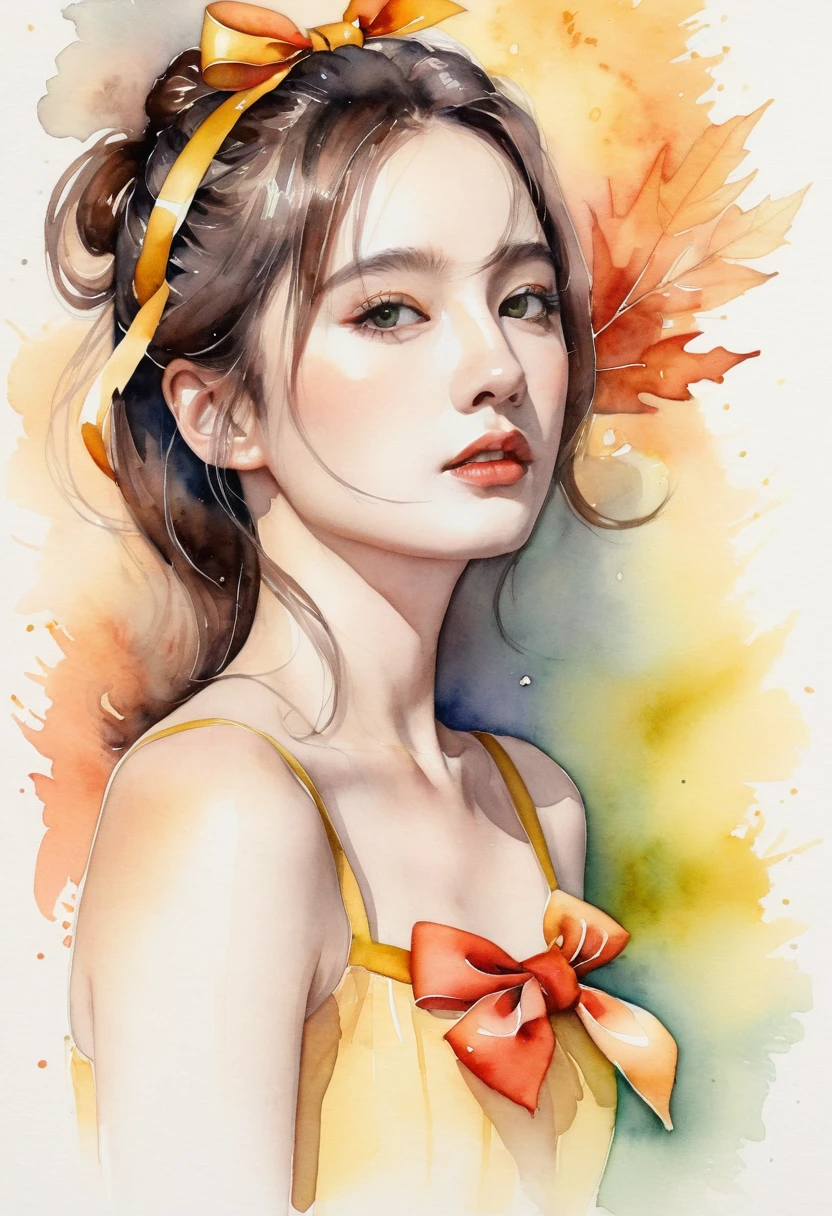 (8K, Highest quality, masterpiece:1.2),(Highest quality:1.0), (Ultra-high resolution:1.0), watercolor, Beautiful woman, shoulder, Hair Ribbon, Agnes Cecil, Half Body Portrait, Very bright and luminous design, pastel colour, (ink:1.3), Autumn Light,