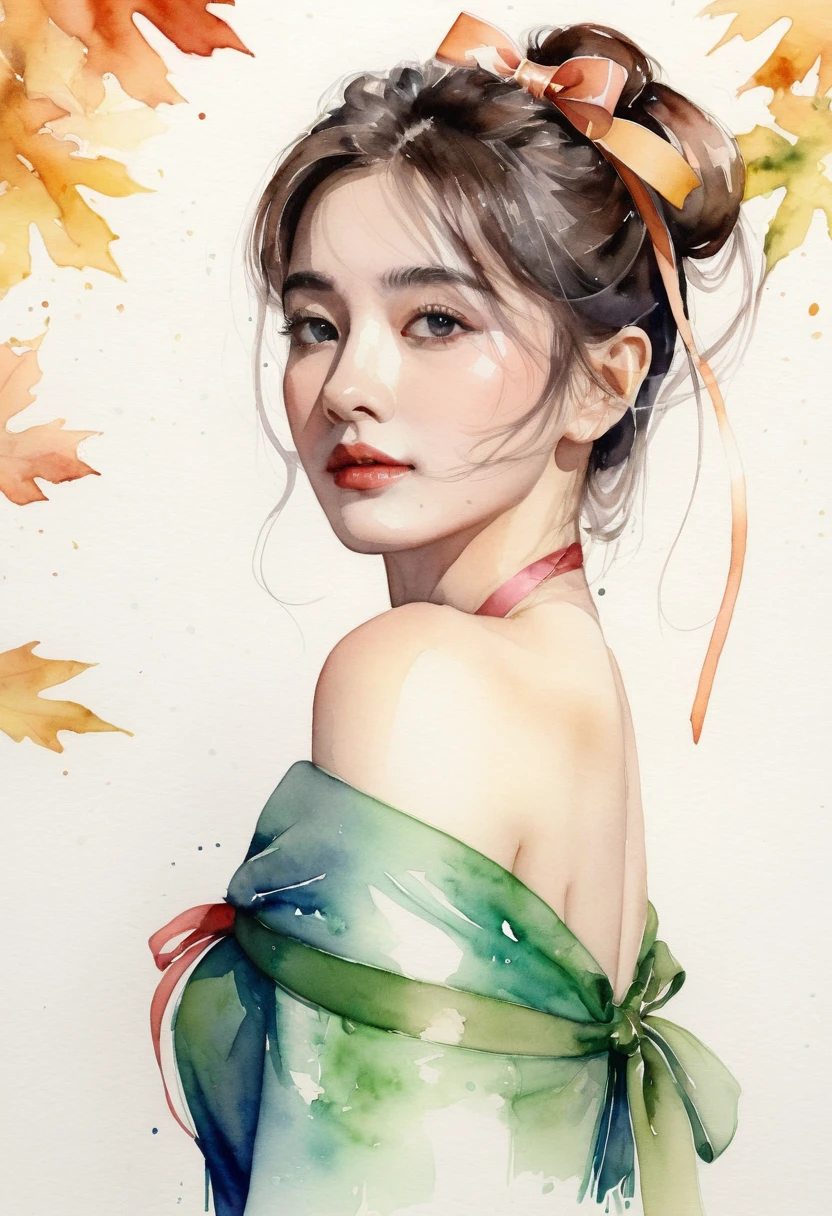 (8K, Highest quality, masterpiece:1.2),(Highest quality:1.0), (Ultra-high resolution:1.0), watercolor, Beautiful woman, shoulder, Hair Ribbon, Agnes Cecil, Half Body Portrait, Very bright and luminous design, pastel colour, (ink:1.3), Autumn Light,