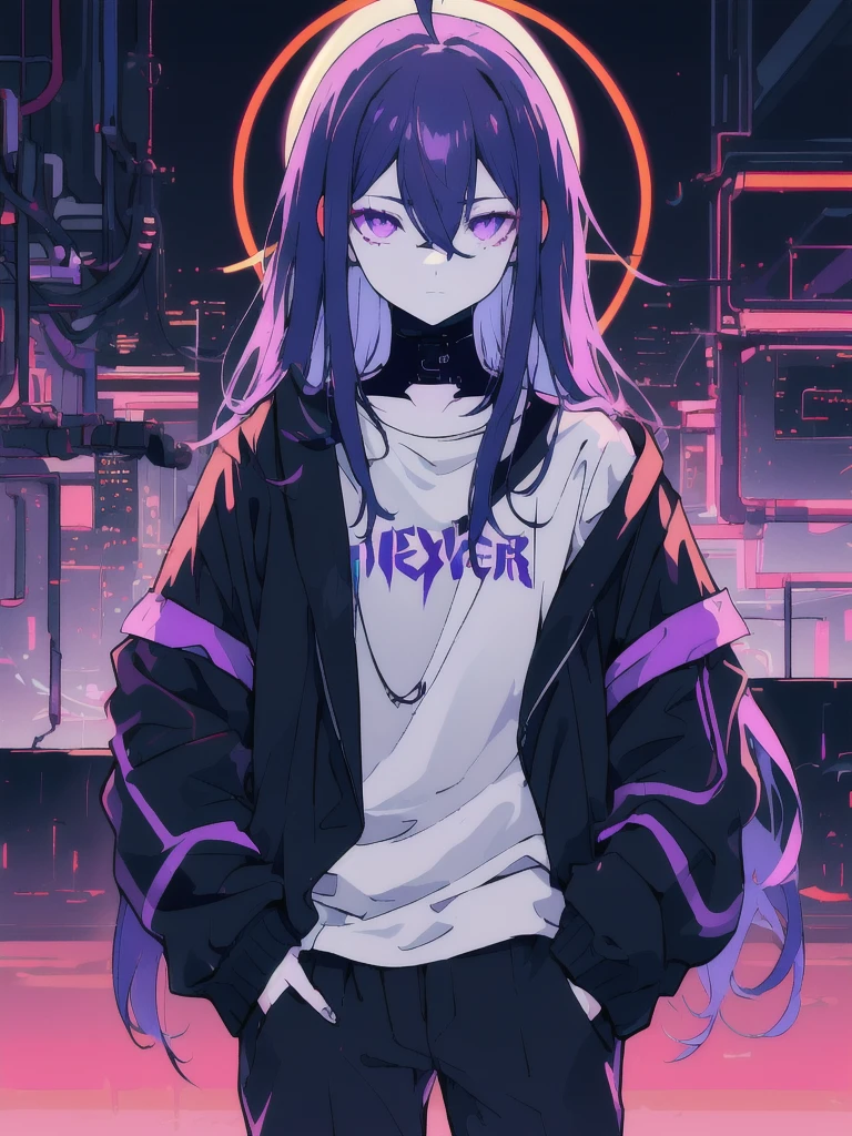 ((masterpiece)), (best quality), ((highres)), 4K, Detailed, (Ambient Light, Digital Art, Soft Lighting, extremely detailed 8K wallpaper:1.2), BREAK 1girl, solo, pale skin, violet eyes, violet hair, ahoge, (absurdly long hair:1.1), flat chest, cyberpunk scenery, black jacket, pants, shirt, night, hand in pocket, looking at viewer, hair between eyes, expressionless, rtx, neon light, black medical mask