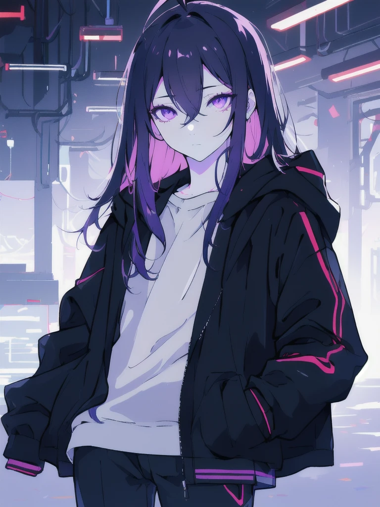 ((masterpiece)), (best quality), ((highres)), 4K, Detailed, (Ambient Light, Digital Art, Soft Lighting, extremely detailed 8K wallpaper:1.2), BREAK 1girl, solo, pale skin, violet eyes, violet hair, ahoge, (absurdly long hair:1.1), flat chest, cyberpunk scenery, black jacket, pants, shirt, night, hand in pocket, looking at viewer, hair between eyes, expressionless, rtx, neon light, black medical mask