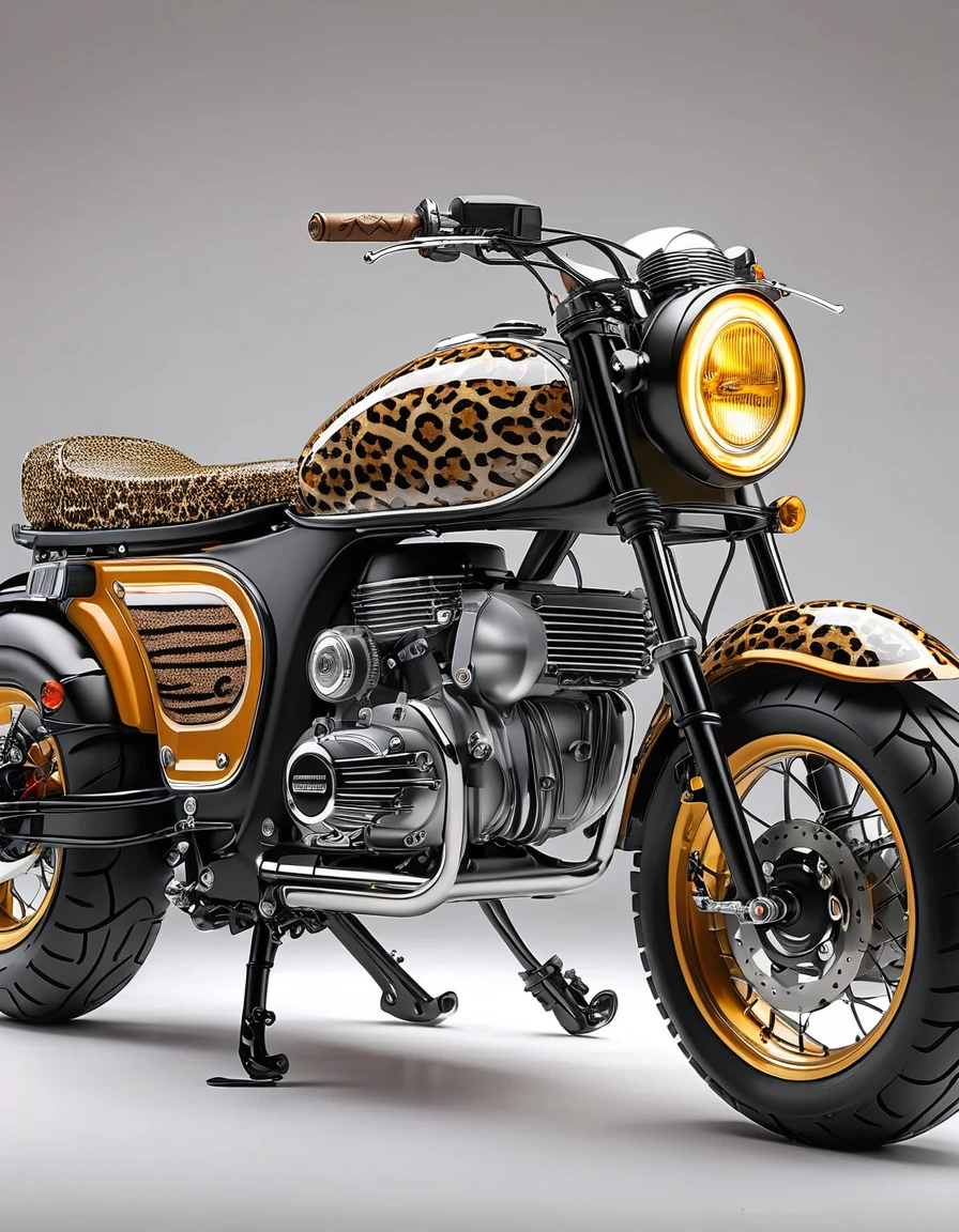 An electric motorcycle with a leopard print retro color, High-quality artworks created by master artists, best quality, Detailed Details