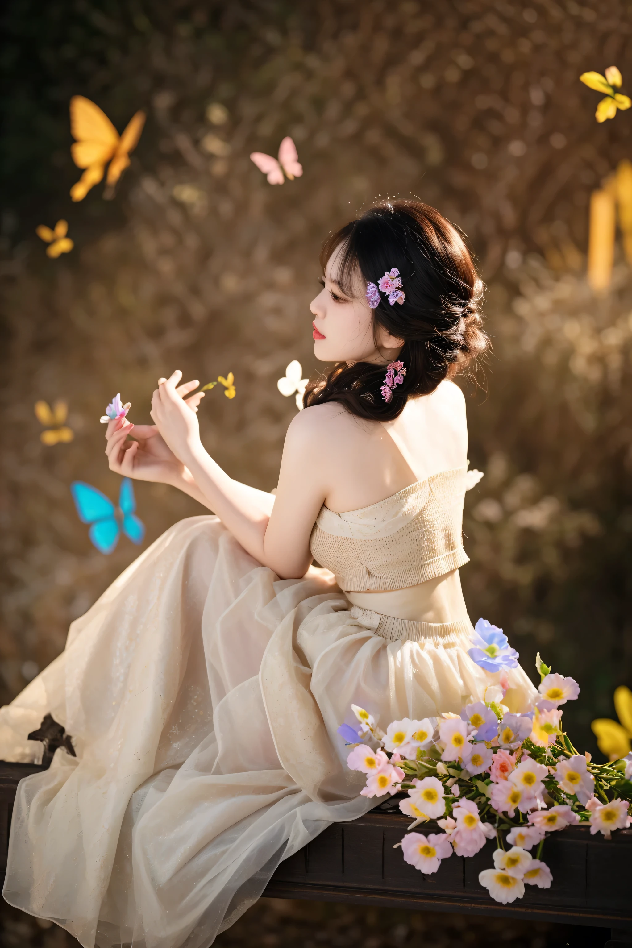 there is a woman sitting on a bench with a bunch of flowers, by Yang J, photo taken with nikon d 7 5 0, photo taken with nikon d750, by Ye Xin, by Jin Nong, ethereal beauty, fantasy photoshoot, a stunning young ethereal figure, beautiful adult fairy, by Li Song, by Leng Mei, portrait shot