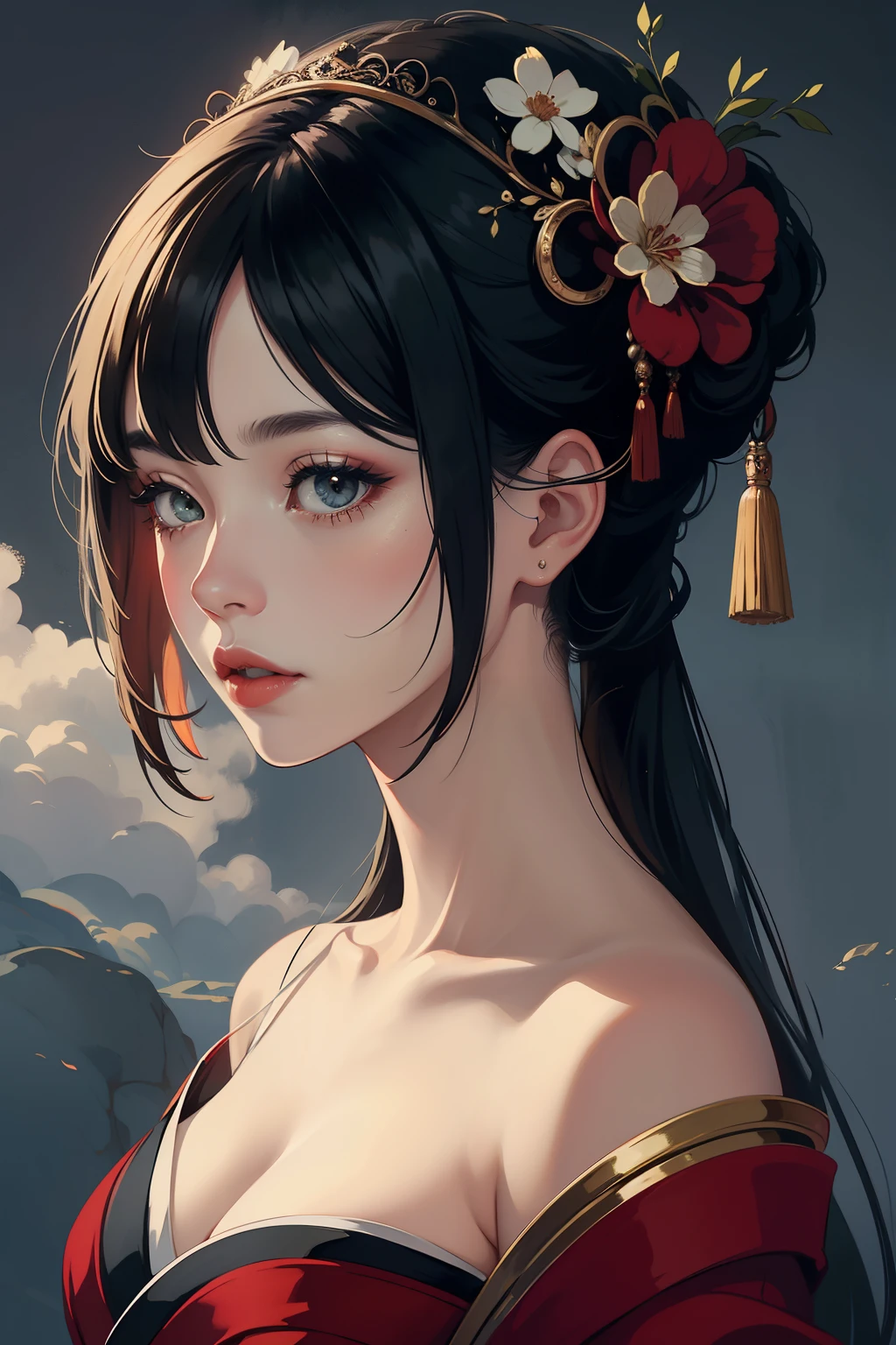 Capture the essence of the geisha adorned in a captivating ensemble of red and white, reminiscent of the artistic style of Ray Caesar. Through an intimate close-up, the black and white mastery extract evokes a sense of ethereal beauty. Inspired by the historical epochs of the northern and southern dynasties, a subtle mist-like essence delicately weaves through the composition.