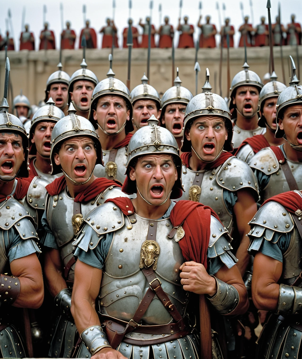 a group of roman soldiers in a row with scared faces