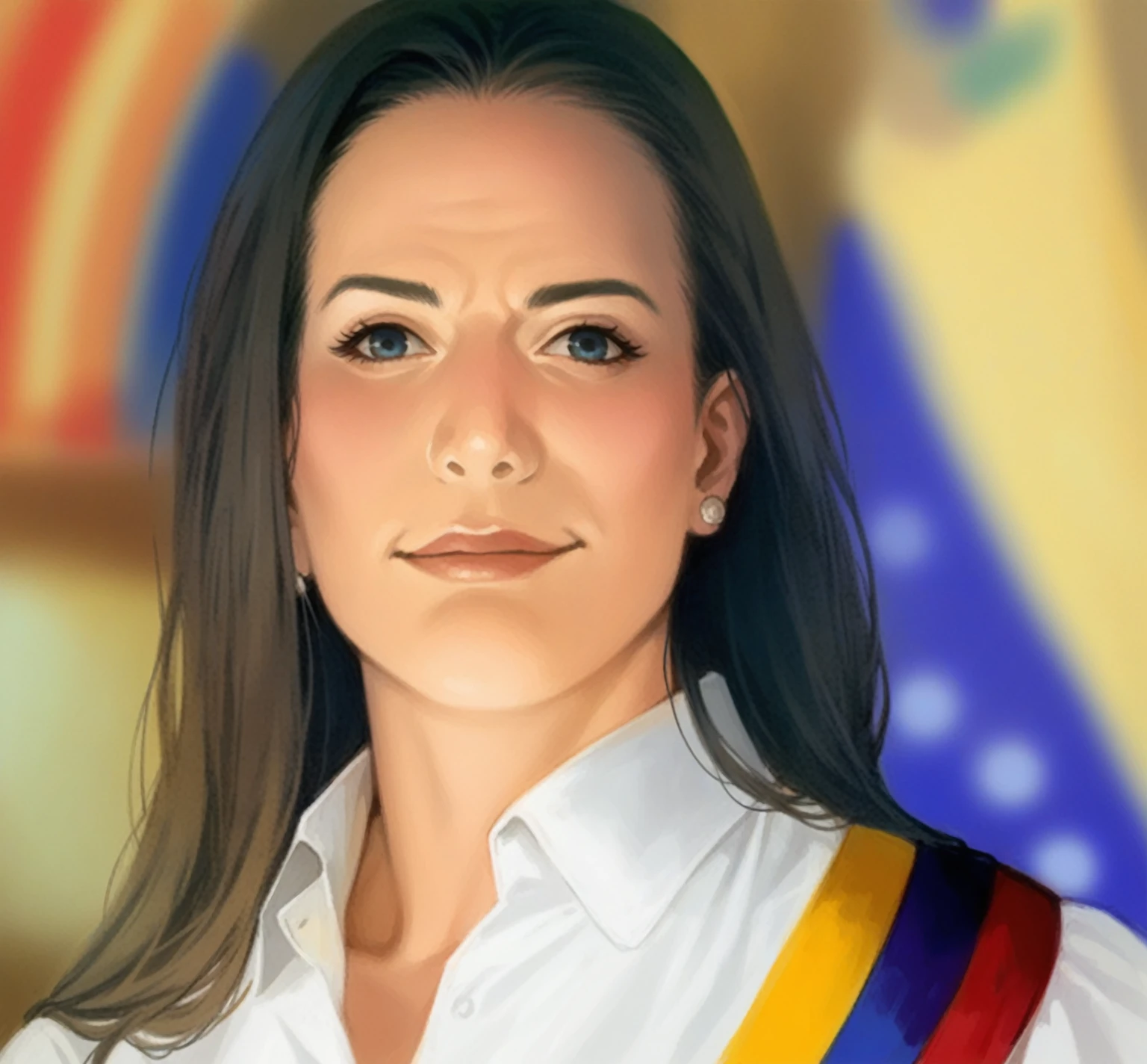 Maria Corina Machado: Must be dressed in clothing that denotes leadership and determination. You can represent it with a formal suit or a white shirt, typical of his public appearances.
White horse: A strong and majestic horse, elegant posture. Maria Corina is firmly mounted on him.
Venezuela's flag: María Corina holds high the flag of Venezuela with 8 stars, waving in the wind.
bottom: The background may be a typical Venezuelan landscape, with mountains, plains, or even some significant symbol such as Angel Falls or Ávila.
Phrase: the phrase "Venezuela you will be free in 30 days" written at the top or bottom of the image, with a striking and hopeful letter style.