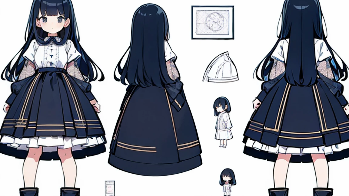 (best quality, masterpiece), 1girl, 15 yo,cute, standing girl, three view drawing, front and back and side, character sheet,full body,simple background,