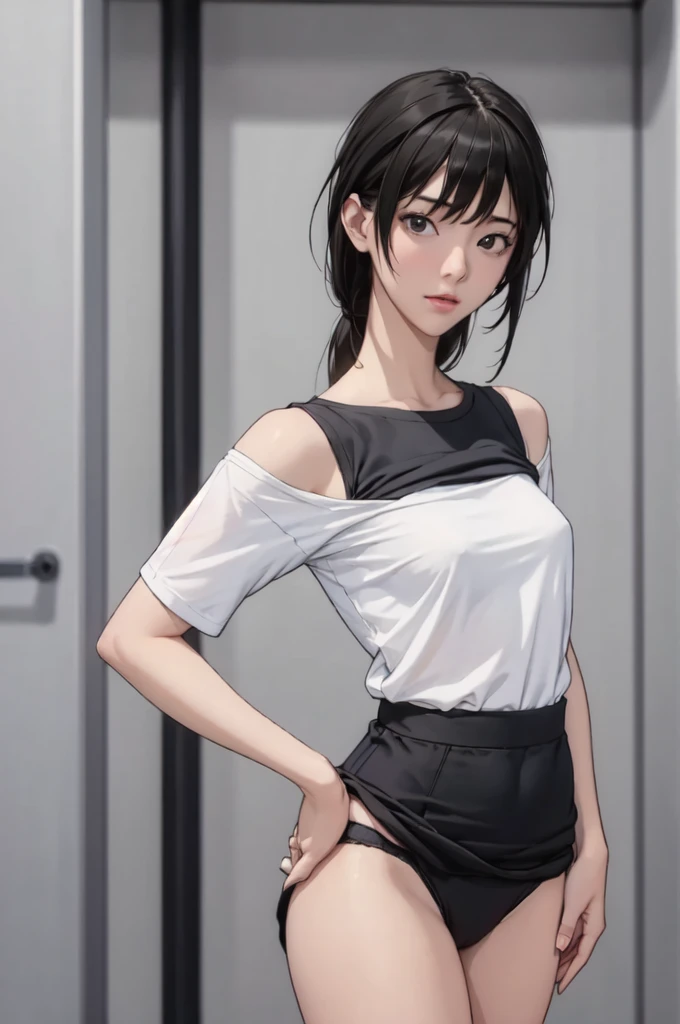 ((masterpiece, best quality)),((highres:1.2)), 1 Girl, solo, Cowboy Shot, Blurred Background, (((Small breasts))), Thighs, (Stripe underwear), ((lift the Shirts:1.3)), Off the shoulder, sexy One Shoulder T-Shirts