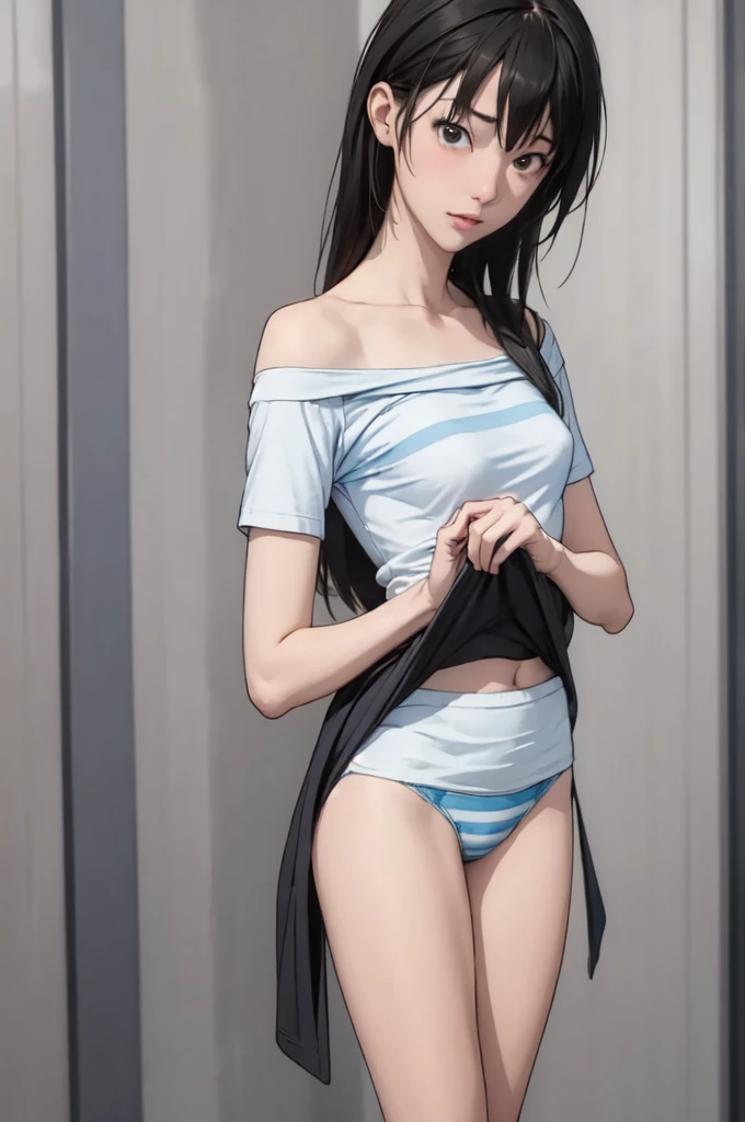 ((masterpiece, best quality)),((highres:1.2)), 1 Girl, solo, Cowboy Shot, Blurred Background, (((Small breasts))), Thighs, (Stripe underwear), ((lift the Shirts:1.3)), Off the shoulder, sexy One Shoulder T-Shirts