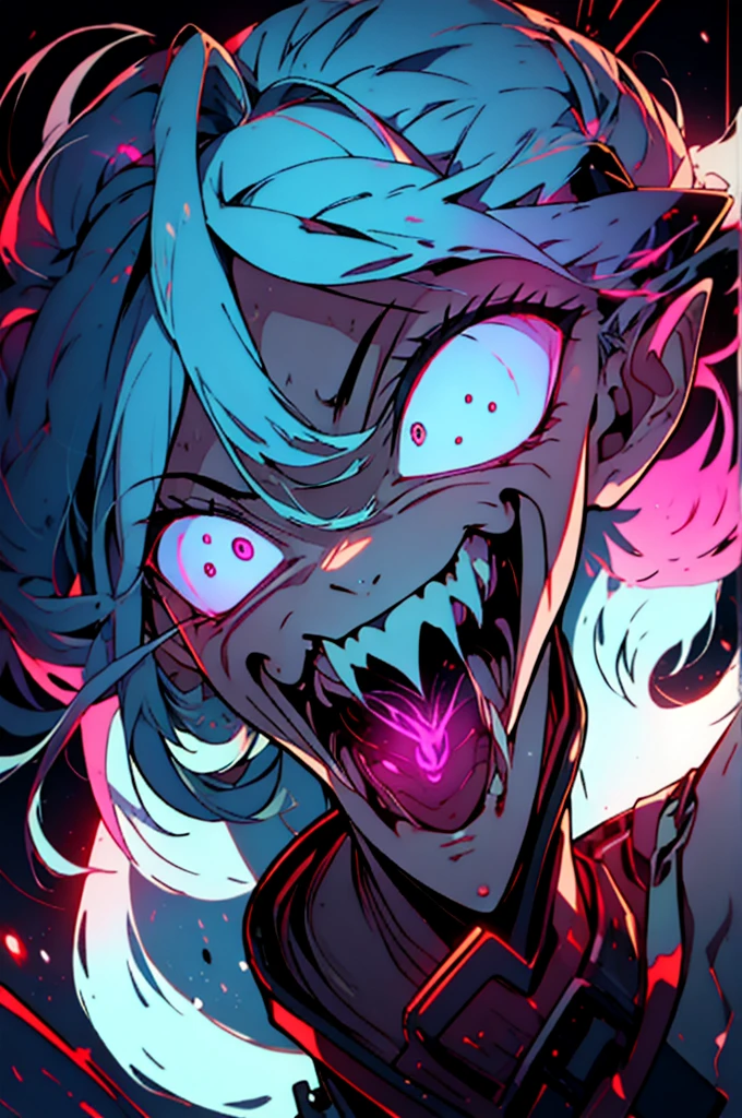 constricted pupils, small pupils,
psychophonky, psychotic, crazy smile, glowing eyes, fangs, tongue sticking out ,
constricted pupils,
fire, particles,( blue:1.2)