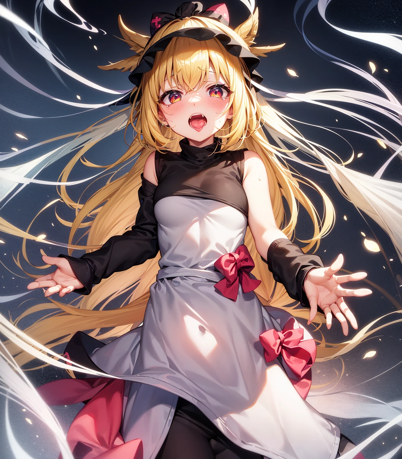 ahegao, blush, sweat, open mouth, rolling eyes, tears, tongue out,
,(In a naughty way),Cute little ,Tiny ,Small girl,,Childish face, Very fine clean face,Top quality, Big eyes,Straight Hair,Yellow hair,Crimson Eye,(Dark Room), Subtle light, Natural light,Soft lighting,Light from directly behind, (Are standing), Cute pose, (Open your hands), Showing the whole body,Front view,Black background