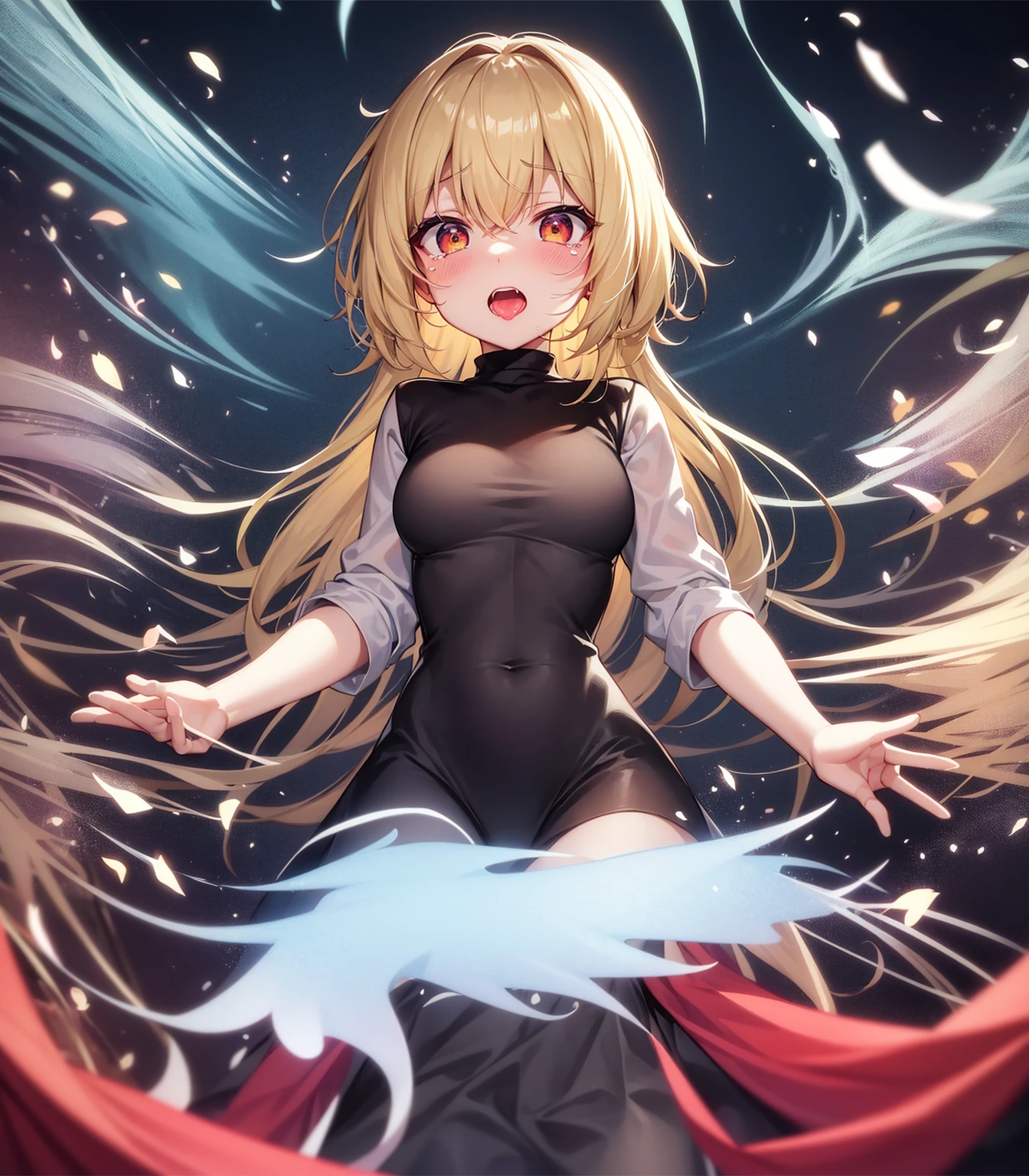 ahegao, blush, sweat, open mouth, rolling eyes, tears, tongue out,
,(In a naughty way),Cute little ,Tiny ,Small girl,,Childish face, Very fine clean face,Top quality, Big eyes,Straight Hair,Yellow hair,Crimson Eye,(Dark Room), Subtle light, Natural light,Soft lighting,Light from directly behind, (Are standing), Cute pose, (Open your hands), Showing the whole body,Front view,Black background