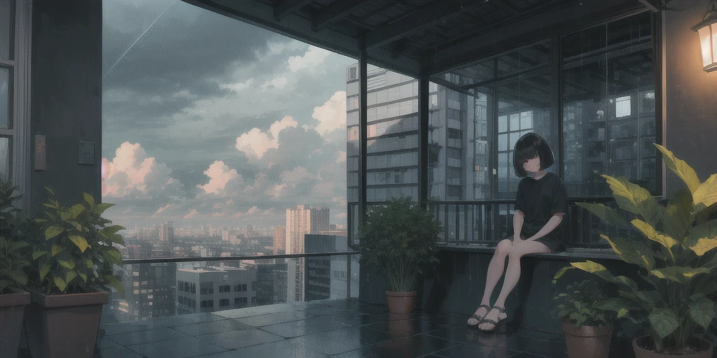 (1 girl, alone, black bob cut,Bangs_hair), building, City, Cityscape, cloud, cloudy_Sky, grey_Sky, Keep, house, outdoor, Gray, plant, Potted plants_plant, rain, roof, sandals, landscape, sitting, Sky, Skyscraper, alone, tree, dim, (night), 