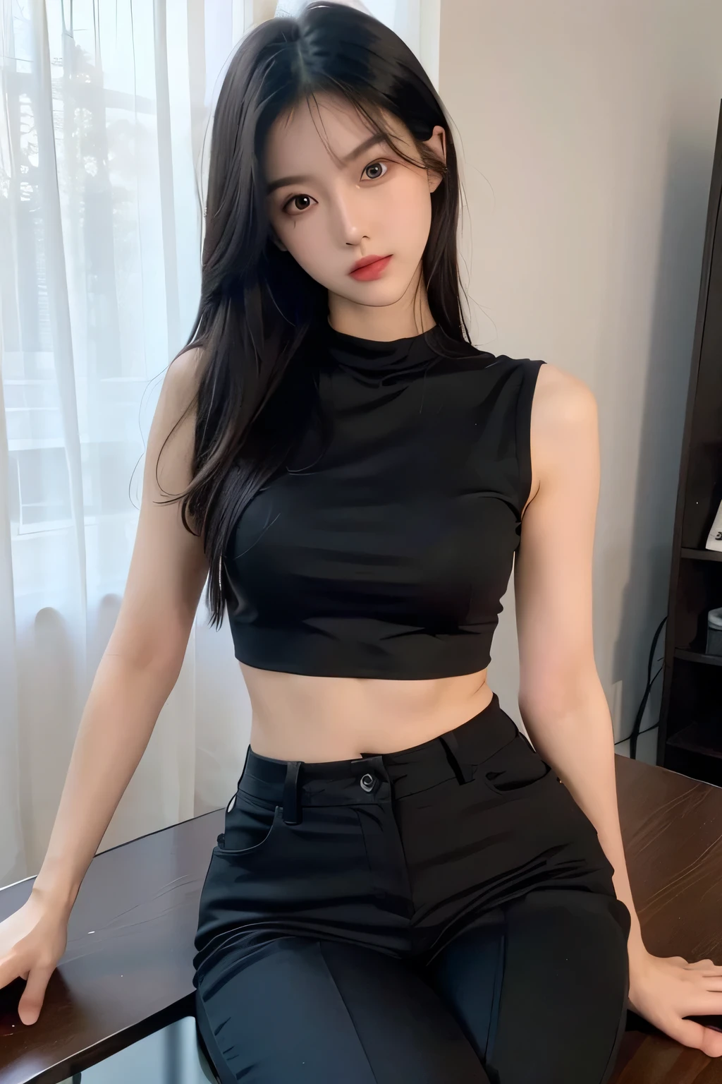 highly detailed face and body, ray tracing, 8k,  21 years old, model, tall, perfect body, passionate and cute look, long black hair, black eyes, office lady outfit, spaghetti top with long pants, small firm breasts, light skin, sitting on table, legs spread wide open, at home