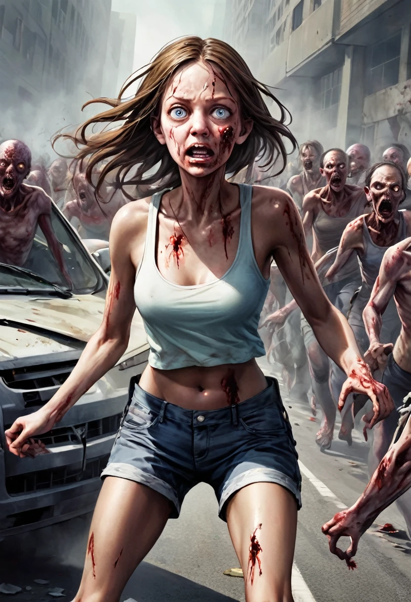 woman,spats,belly button,Tank top,slender,run away,Clothes are torn,Covered in scars,fear,Watery eye,Being chased by a horde of zombies,End of the World,Defects in the body,Expressway,traffic jam,Car accident,fire