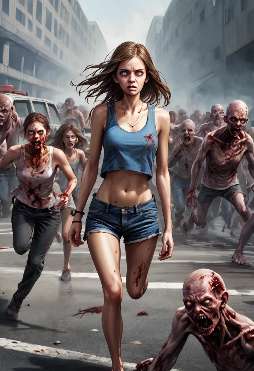 woman,spats,belly button,Tank top,slender,run away,Clothes are torn,Covered in scars,fear,Watery eye,Being chased by a horde of zombies,End of the World,Defects in the body,Expressway,traffic jam,Car accident,fire