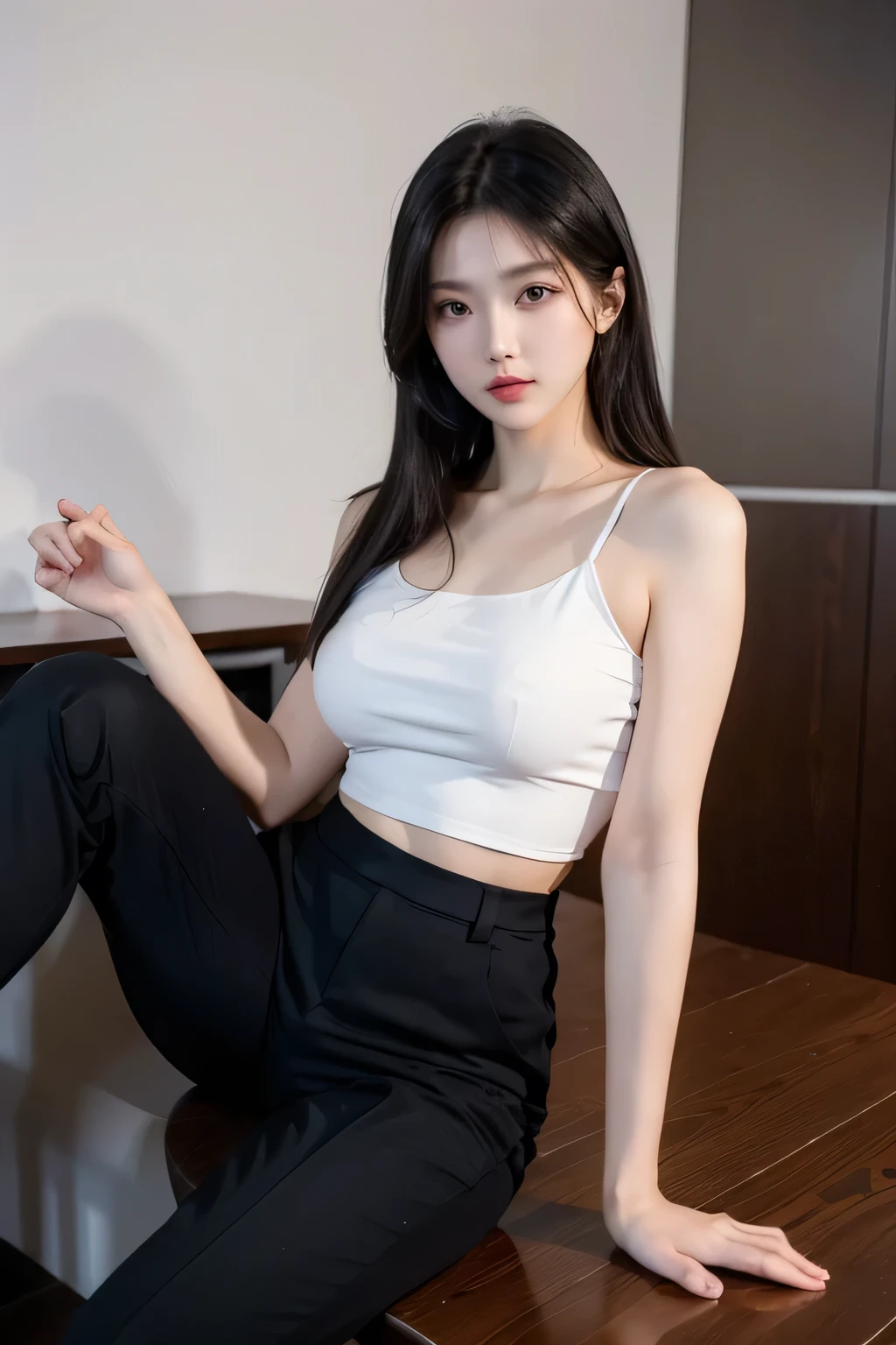 highly detailed face and body, ray tracing, 8k,  21 years old, model, tall, perfect body, passionate and cute look, long black hair, black eyes, office lady outfit, spaghetti top with long pants, small firm breasts, light skin, sitting on table, legs spread wide open, at home