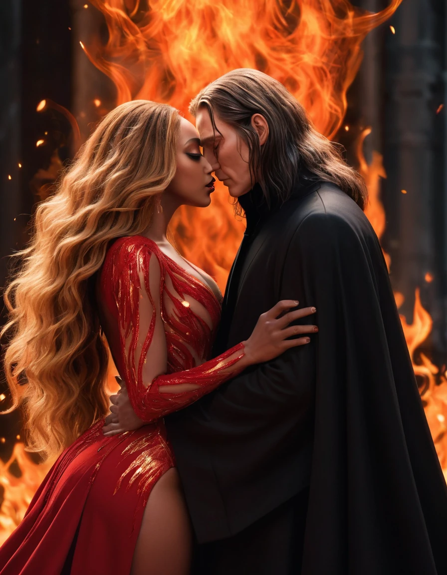 ### Scene: Create an image of two people in love in a setting of mystery and passion.
**Woman's Appearance:**
- Resembles Beyoncé
- Brown skin
- Long, golden blonde curly hair
- Confident and seductive expression
- Wearing a red dress, elegant and form-fitting
- Lips painted a deep, intense red
**Man's Appearance:**
- Resembles Severus Snape
- Pale skin
- Large nose
- Black, straight hair falling around his face in a somber manner
- Serious and intense expression
- Wearing a black cloak, contrasting with the flames around them
**Atmosphere:**
- Surrounded by flames, creating a mystical and fiery ambiance
- Soft lighting highlighting their faces, enhancing the sparkle in their eyes
- Flames adding an element of intensity and mystery to the scene
- They are close to each other, gazing intensely into each other's eyes, exuding a strong emotional connection