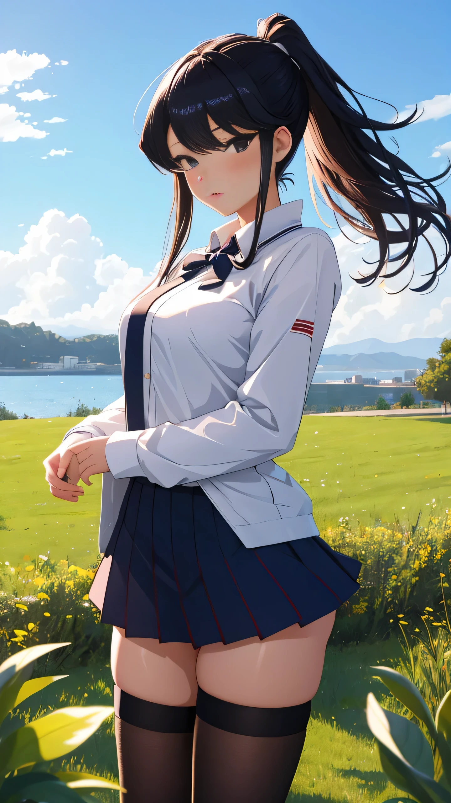 best quality, 1girl, masterpiece ultra detailed, illustration, komi_shouko, glossy lips, standing, ponytail, thigh highs, grass