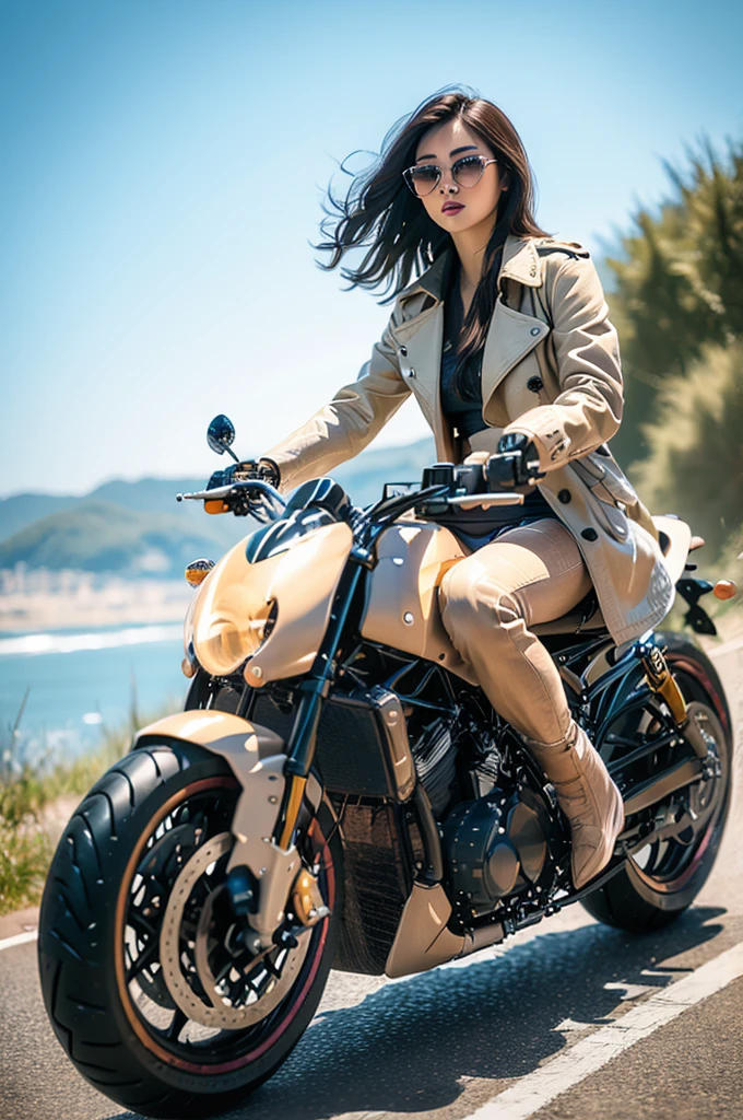 Motorcycle girl，Exquisite and accurate facial features，Beige long trench coat，Long hair，sunglasses，Boots，8K，Best quality，High Definition，Super Fine，Hyperrealism，Photo effects，Rich in details，Meticulous portrayal