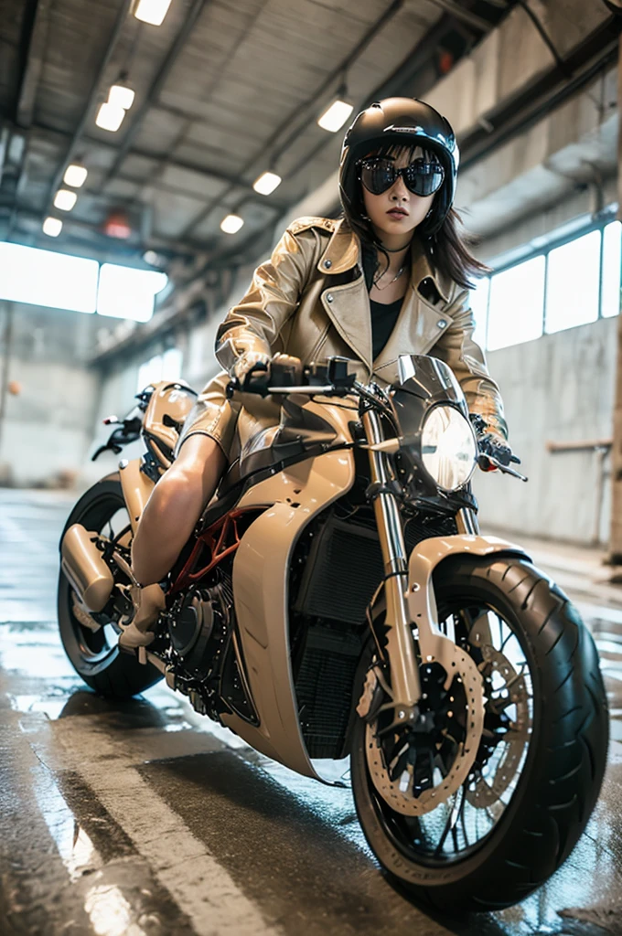 Motorcycle girl,Exquisite and accurate facial features,Beige long trench coat,Long hair,sunglasses,Boots,8K,Best quality,High Definition,Super Fine,Hyperrealism,Photo effects,Rich in details,Meticulous portrayal
