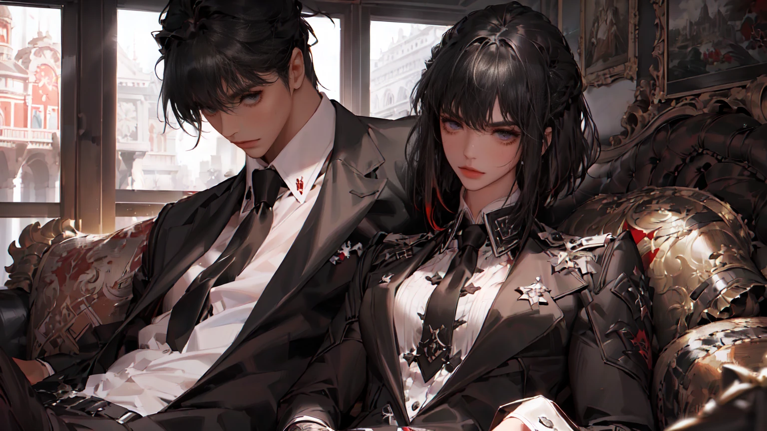 (Epic Showcase: like Arknights Character banner , Designs in Detail)(Masterpiece, Best Quality, Ultra High Resolution , Digital Art,Beautiful and Aesthetic )Perfect proportions of the body , not an ordinary perspective . .the whole body is covered by clothes. (strict posture , One Fashionable adult girl with a short oblique bob, slender figure,  ) in modern men's suit in professional performance , matte black color , lovely thin white but long tie , (silk thick threads of red color connect the necklines on the sides of the whole suit) , . The character sits on a large massive sofa with lots of leather , an interesting and atmospheric pose that characterizes the character ,(Photorealistic style combined 2.5D . realistic anatomy , beautiful perspective . Best image quality , pastel color , focus on the face , Big Hair ( black with red gelding ) , well detailed eyes , detailed background in modern boudoir style . )