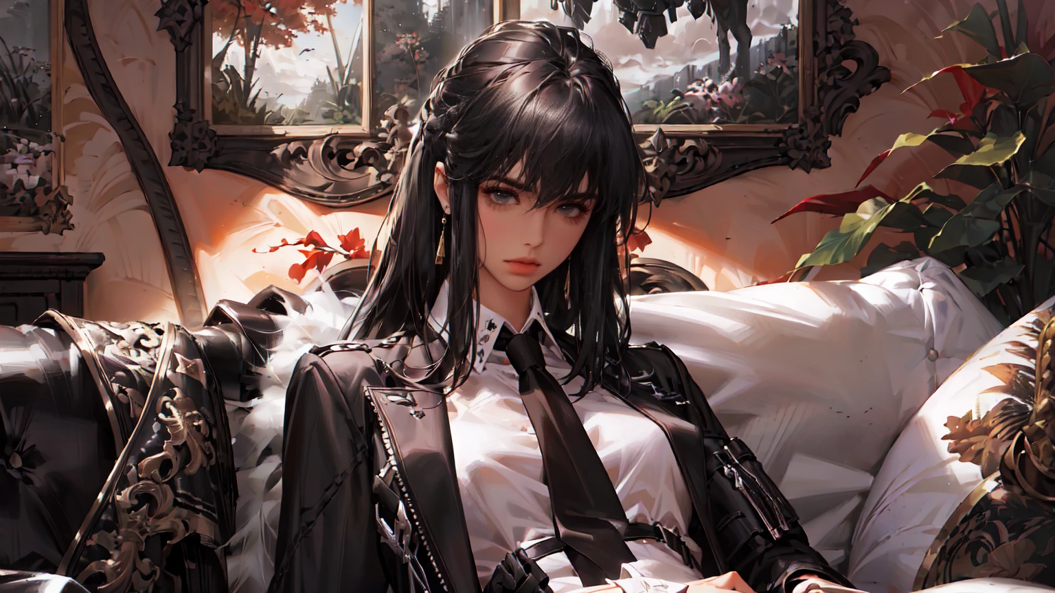 (Epic Showcase: like Arknights Character banner , Designs in Detail)(Masterpiece, Best Quality, Ultra High Resolution , Digital Art,Beautiful and Aesthetic )Perfect proportions of the body , not an ordinary perspective . .the whole body is covered by clothes. (strict posture , One Fashionable adult girl with a short oblique bob, slender figure, ) in modern men's suit in professional performance , matte black color , lovely thin white but long tie , (silk thick threads of red color connect the necklines on the sides of the whole suit) , . The character sits on a large massive sofa with lots of leather , an interesting and atmospheric pose that characterizes the character ,(Photorealistic style combined 2.5D . realistic anatomy , beautiful perspective . Best image quality , pastel color , focus on the face , Big Hair ( black with red gelding ) , well detailed eyes , detailed background in modern boudoir style . )