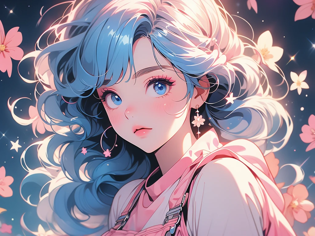 Big fat girl in tight pink sundress, ,Lineartnime, anime simple style 1woman.flower painting on sequins overalls.sequins shinywhite lips. eyeshadow.shinywhiteeyeliner.bustshot.(ultradetailed:1.4).16K.bestshot.musterpiece.,starrystarscloudcolorful, 1girl,blunt bangs, pink hair,long hair,blue eyes,solo,