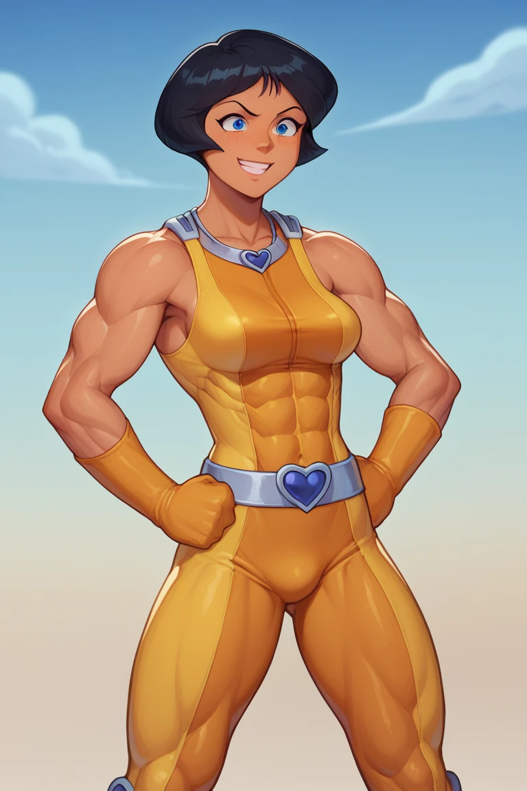 score_9, score_8_up, score_7_up, BREAK, 1girl, solo,  alex \(totally spies\), short hair, black hair, yellow bodysuit, belt, outdoors, portrait, blue eyes, muscular female, big muscles, wearing a magical Silver necklace with a Star-shaped cutout around her neck, futanari, she would probably take a confident and powerful pose, standing tall with her hands on her hips, or maybe striking a martial arts stance. She would likely also be smiling widely, feeling excited and empowered by the experience. Overall, she would be radiating a sense of strength and confidence, feeling like a total badass in a new and impressive body.