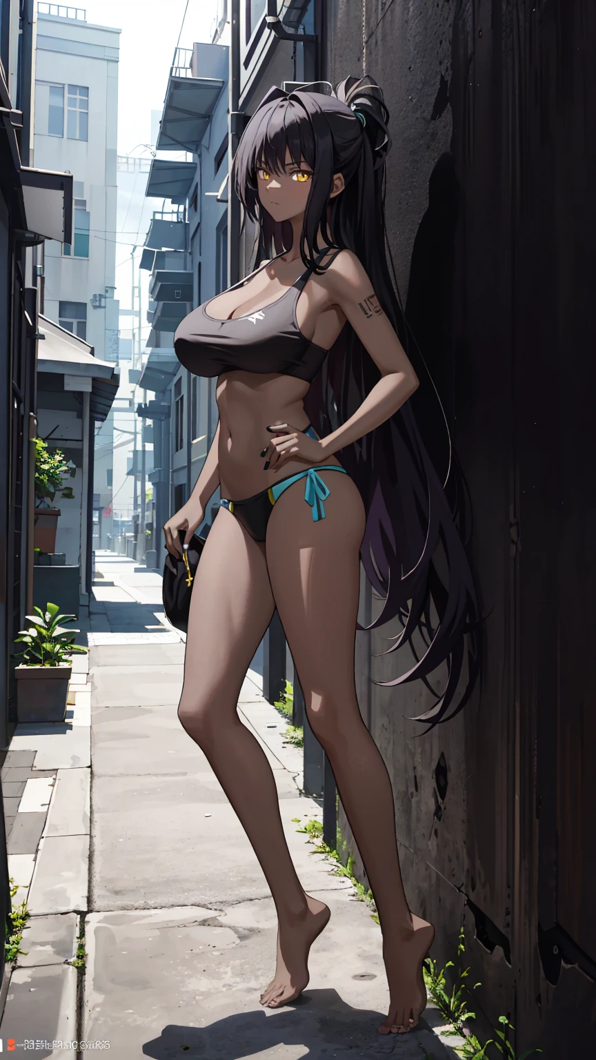 Masterpiece, best quality, high resolution, 1 woman, Karin , black skin , black hair , yellow eyes , black tank top , bikini , abdomen , big breasts, Long legs , Barefoot , Put your hands on your hips. , alley , tall building