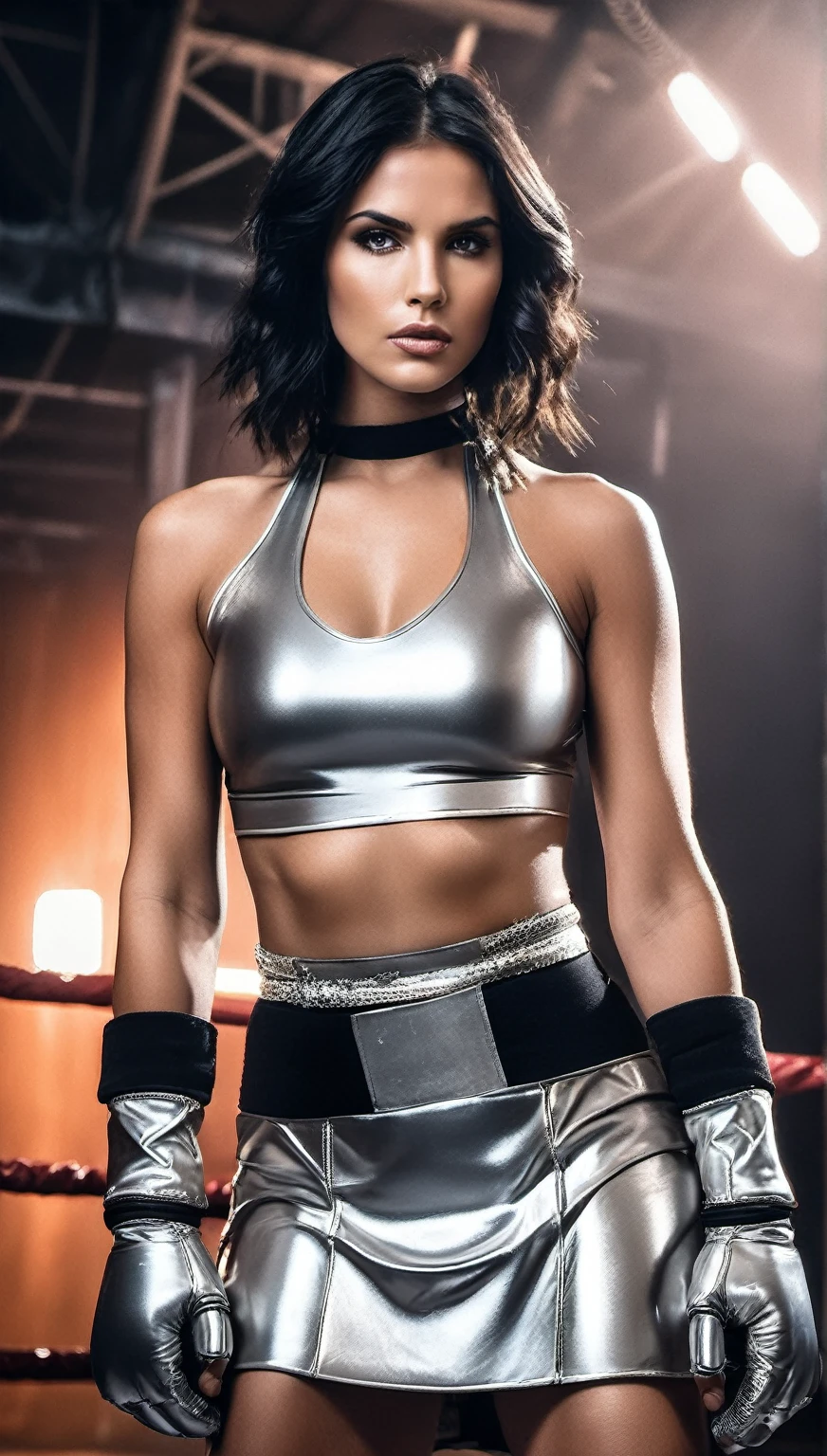 Gorgeous and stunning girl, 8k, dlsr photo of Dystopian style, Post-apocalyptic, wearing a (silver latex pleated skirt and silver boxing gloves), (jet-black hair), pre-fight pose in a futuristic boxing ring, masterpiece, best quality, (intricate details, eldritch, glow, glowing eyes, volumetric lighting, unique pose, dynamic pose, dutch angle, 35mm, anamorphic, lightroom, cinematography, film grain, HDR10, 8k hdr, Steve McCurry, ((cinematic)), RAW, color graded portra 400 film, remarkable color, . Bleak, post-apocalyptic, somber, dramatic, highly detailed, boltedontits,