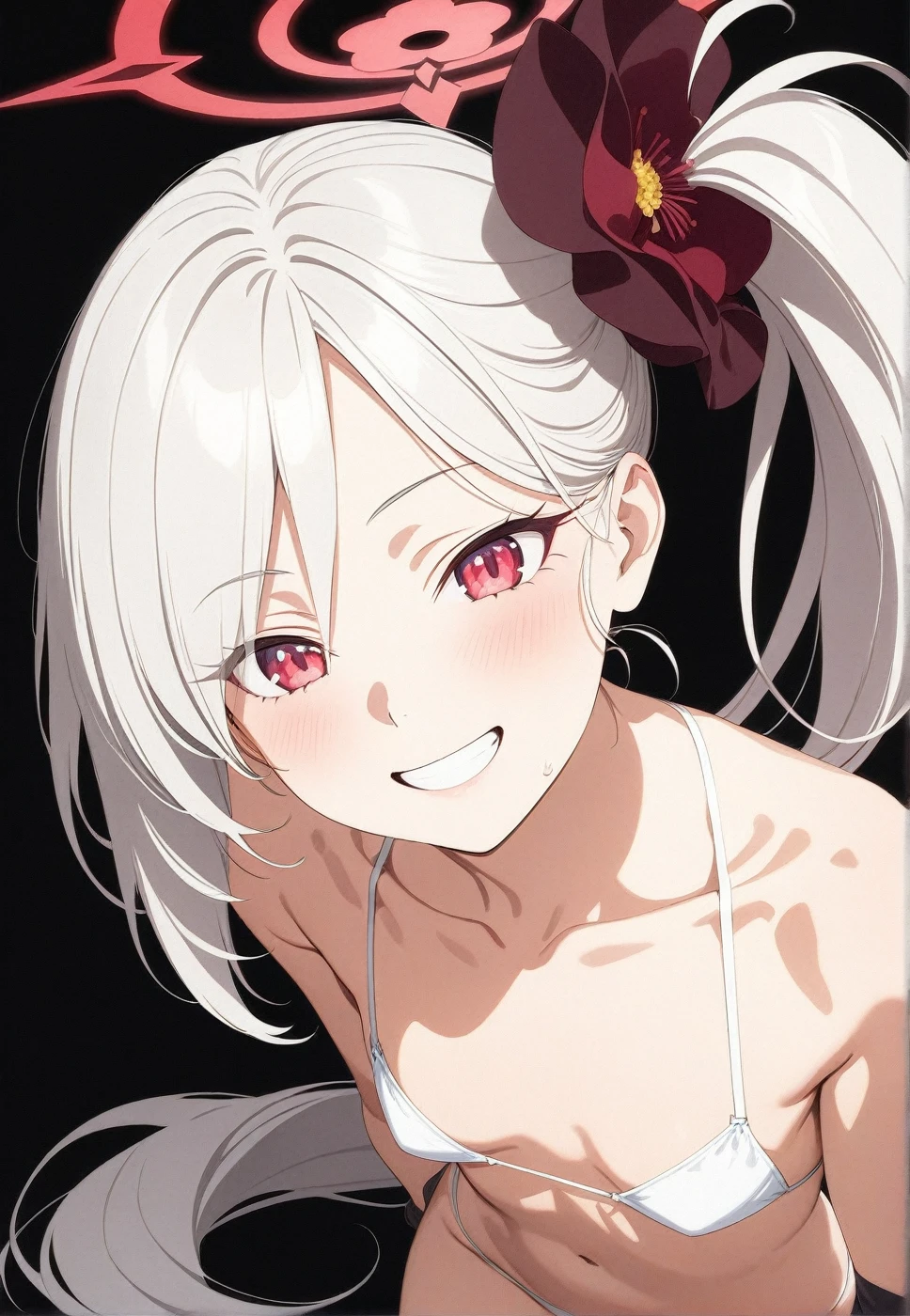 best quality, amazing quality, very aesthetic, absurdres, (1girl, mutsuki, blue archive, solo, red eyes, white hair, side ponytail), (artist official art:1.5), (realistic face), (grin, lowleg bikini, ), (cowboy shot), , (half closed eyes:0.7), (thigh), expressive eyes, perfect face, 4k, extremely detailed anime illustration, extremely detailed eyes, enhanced details, perfect anatomy, light rays, photo background, extremely delicate body, smooth skin, (black background:1.5), cristal clear eyes, beautiful face, small breasts
