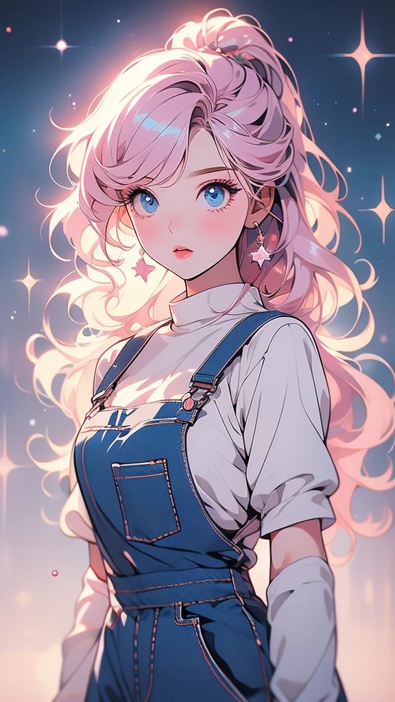 Big fat girl in tight pink sundress, ,Lineartnime, anime simple style 1woman.flower painting on sequins overalls.sequins shinywhite lips. eyeshadow.shinywhiteeyeliner.bustshot.(ultradetailed:1.4).16K.bestshot.musterpiece.,starrystarscloudcolorful, 1girl,blunt bangs, pink hair,long hair,blue eyes,solo,