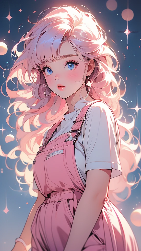 Big fat girl in tight pink sundress, ,Lineartnime, anime simple style 1woman.flower painting on sequins overalls.sequins shinywhite lips. eyeshadow.shinywhiteeyeliner.bustshot.(ultradetailed:1.4).16K.bestshot.musterpiece.,starrystarscloudcolorful, 1girl,blunt bangs, pink hair,long hair,blue eyes,solo,