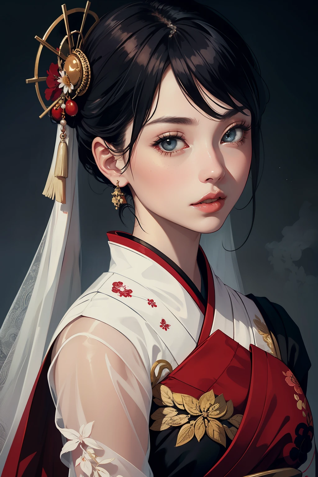 Capture the essence of the geisha adorned in a captivating ensemble of red and white, reminiscent of the artistic style of Ray Caesar. Through an intimate close-up, the black and white mastery extract evokes a sense of ethereal beauty. Inspired by the historical epochs of the northern and southern dynasties, a subtle mist-like essence delicately weaves through the composition.