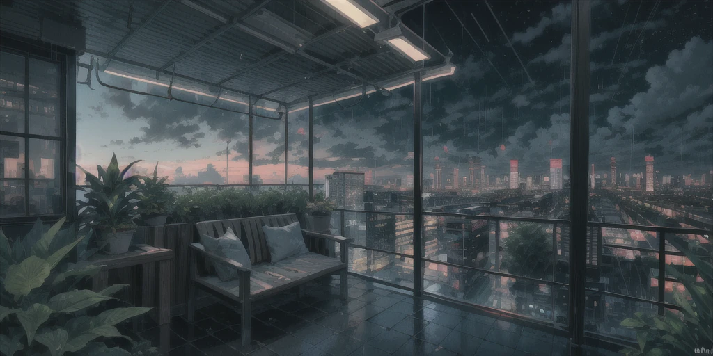 (1 girl, alone, Black_hair), building, City, Cityscape, cloud, cloudy_Sky, grey_Sky, Keep, house, outdoor, Gray, plant, Potted plants_plant, rain, roof, sandals, landscape, sitting, Sky, Skyscraper, alone, tree, dim, (night),
