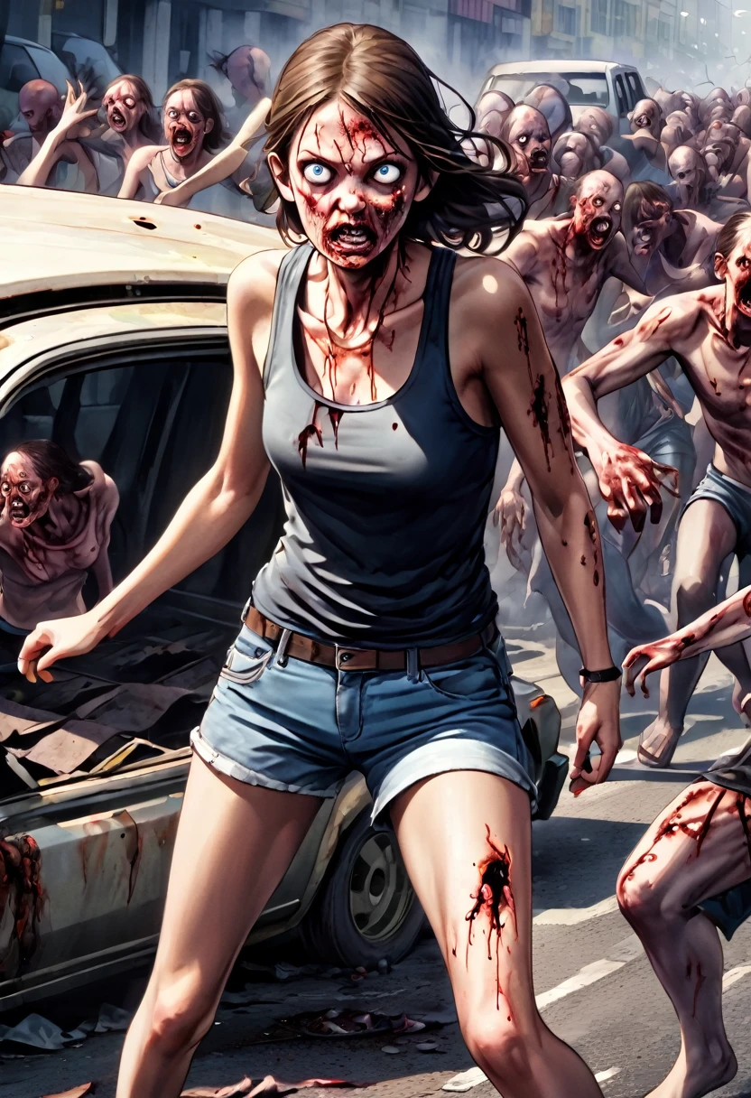 woman,spats,belly button,Tank top,slender,run away,Clothes are torn,Covered in scars,fear,Watery eye,Being chased by a horde of zombies,End of the World,Defects in the body,Expressway,traffic jam,Car accident,fire