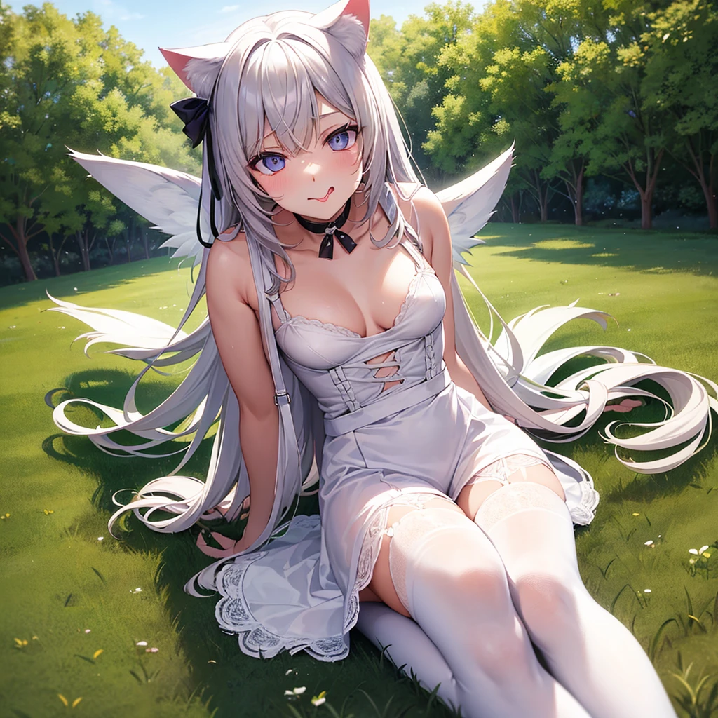 A cat girl sitting cross-legged on the ground,And open your legs in white lace suspenders,Love in the eyes ,Little tongue sticking out,White milk flowing from the mouth,Look at me with disgust and sickness
