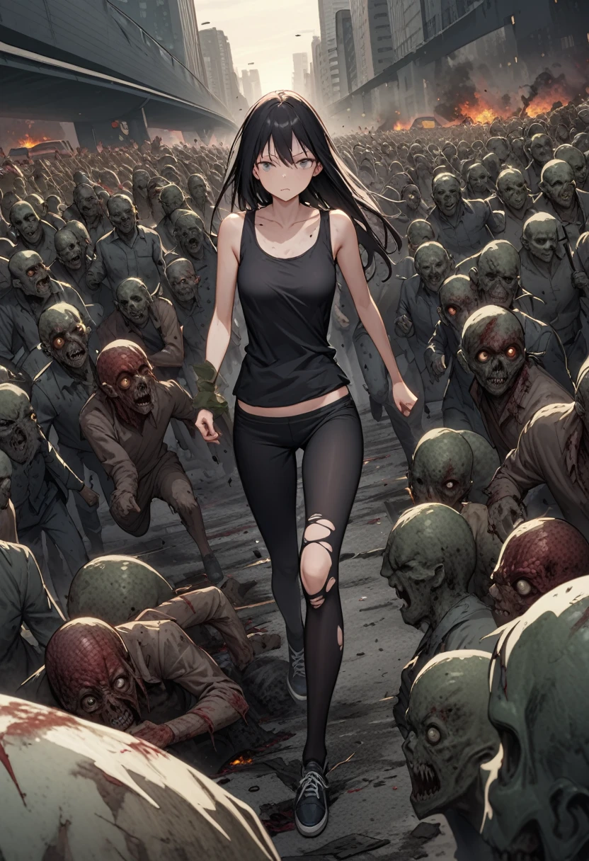 woman,spats,belly button,Tank top,slender,run away,Clothes are torn,Covered in scars,fear,Watery eye,Being chased by a horde of zombies,End of the World,Defects in the body,Expressway,traffic jam,Car accident,fire